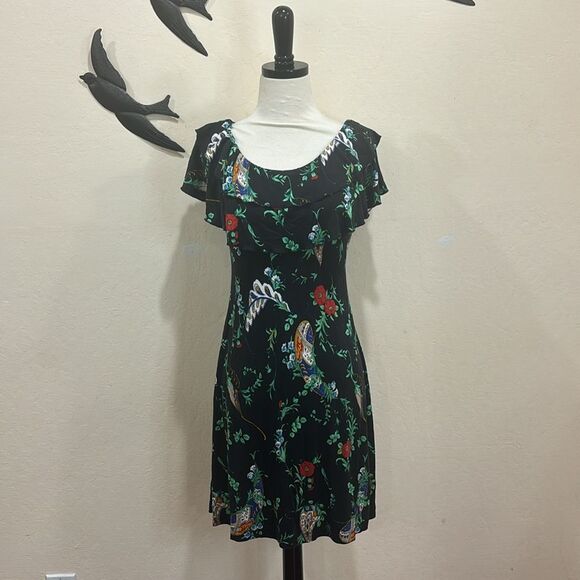 Julie Brown - 100% Silk Floral Print Ruffled Collar Fit & Flare Dress - Size S - Picture 1 of 8